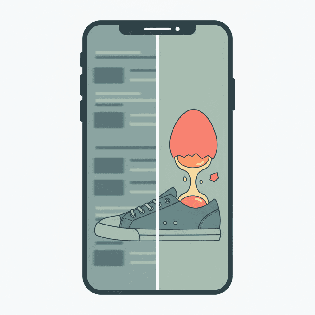 Pattern interrupt in advertising — thumb frozen mid-scroll with unexpected egg-in-shoe visual break